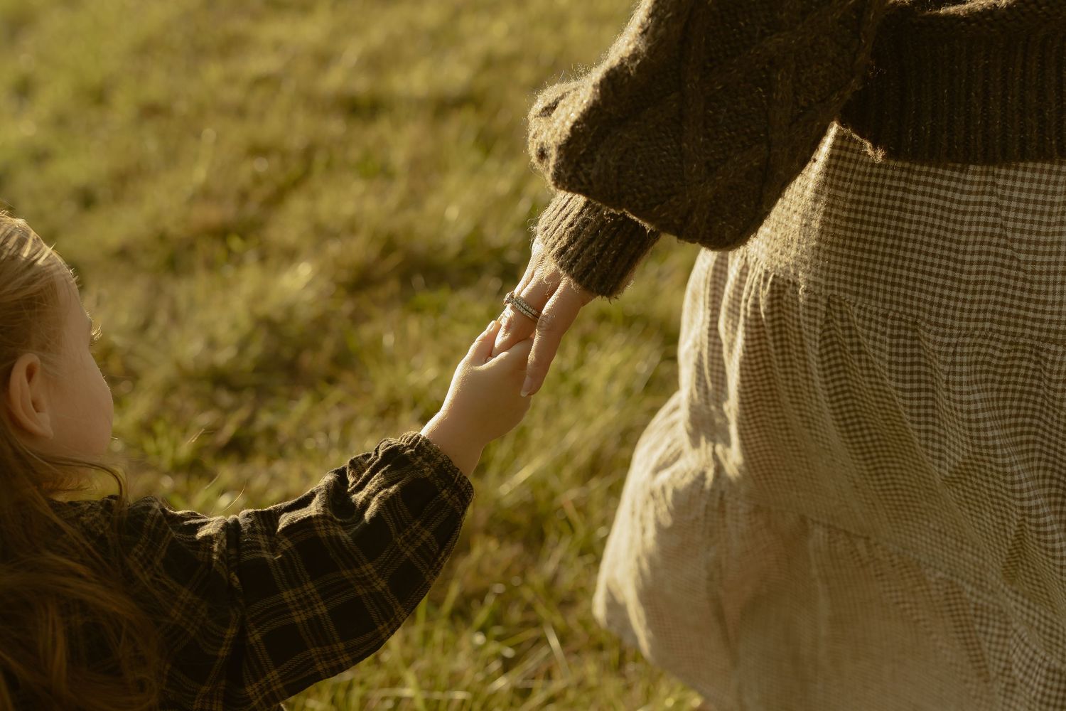 A young girl holds hands with an adult in a sunlit grassy field, wearing plaid and knit sweater outdoors.