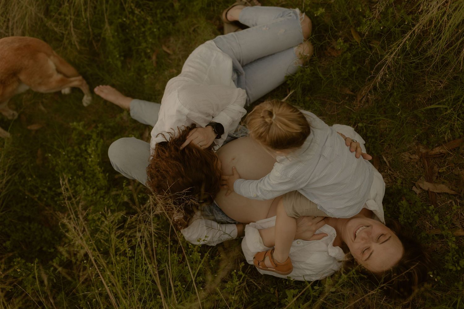 A series of romantic outdoor photos showing a couple embracing on grassy ground during a sunset photoshoot.