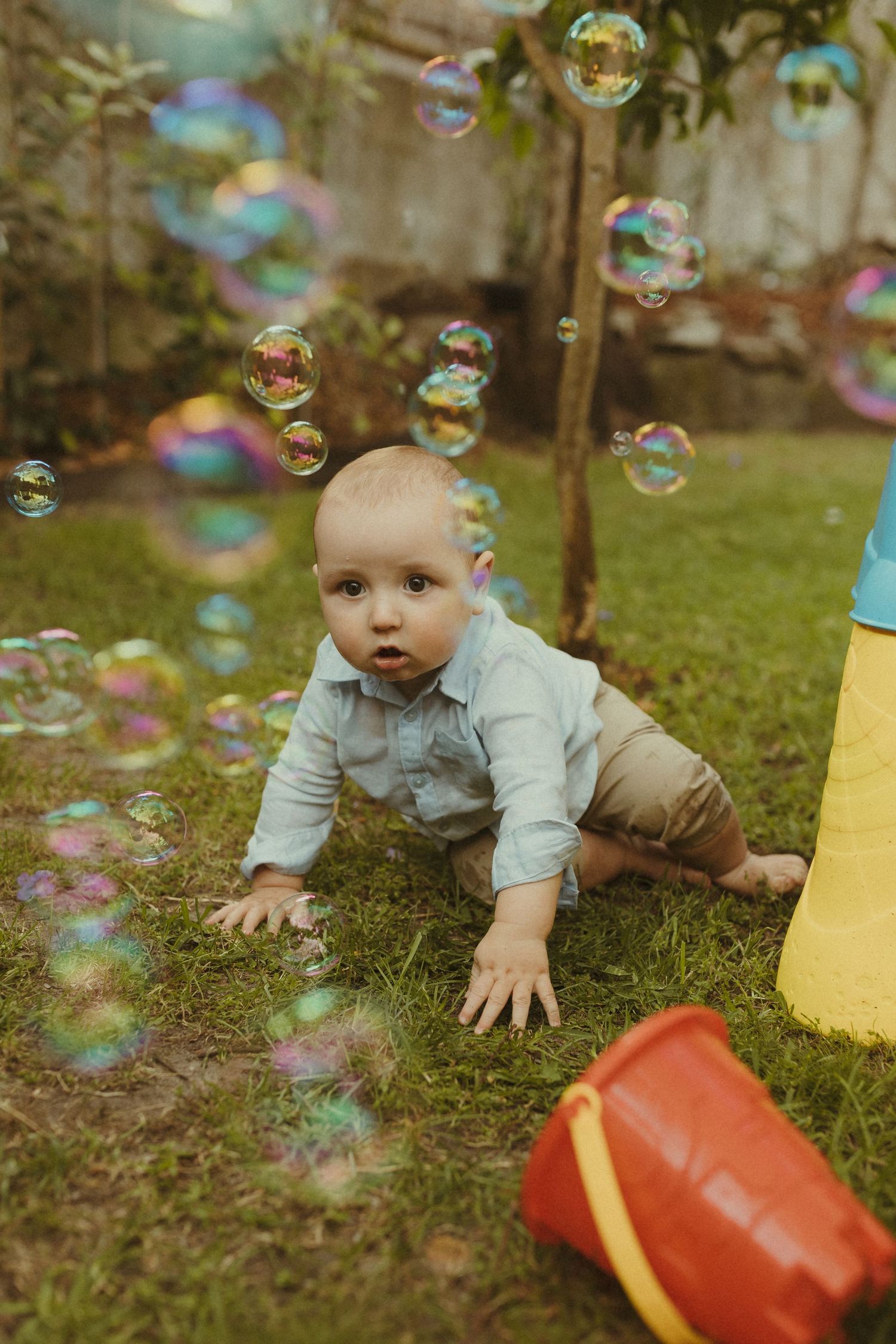 Playful scene with soap bubbles floating in a backyard garden setting.