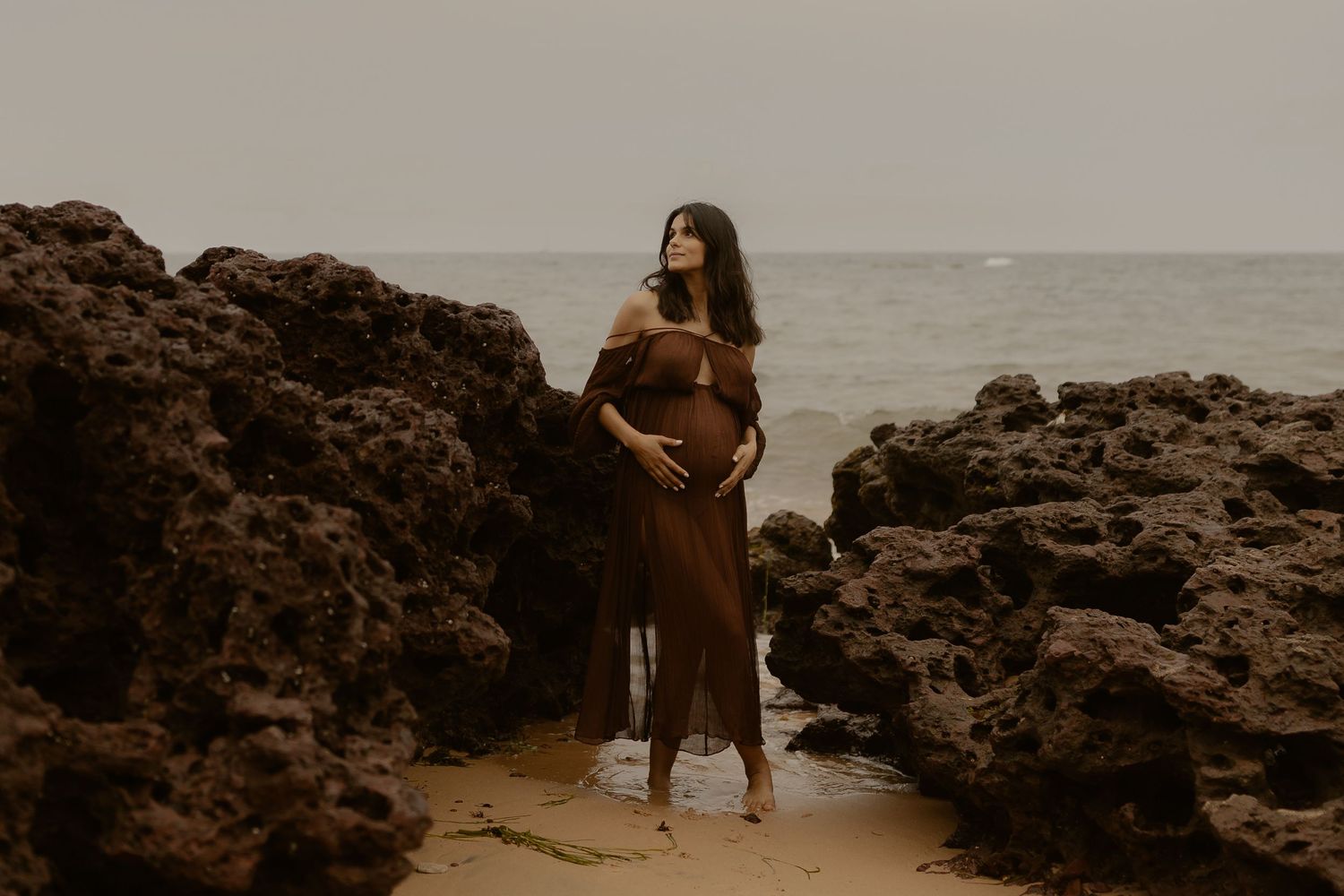 A collection of scenic rocky coastal views and beach landscapes with waves crashing against the shore at sunset.