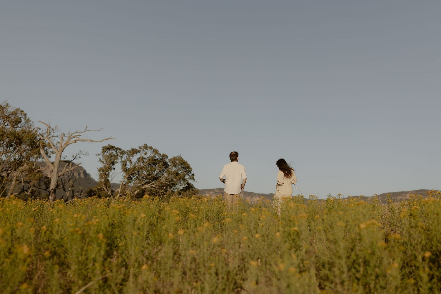 Two silhouettes stand together in a golden meadow at sunset with trees in the background.
