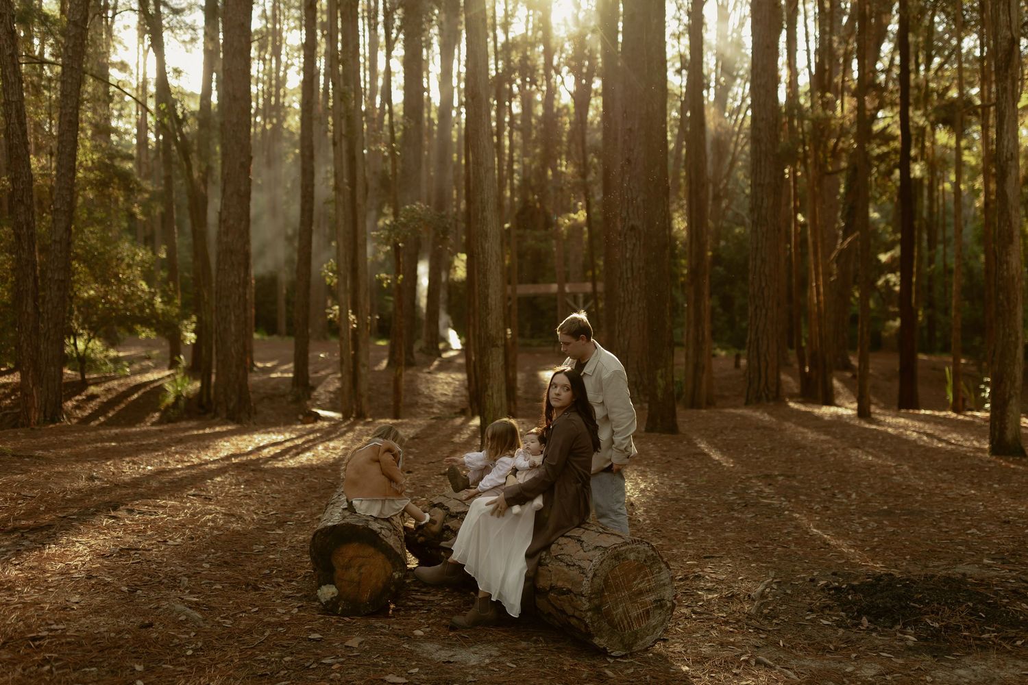 Family sitting on a fallen log in a sunlit forest with tall pine trees and golden light rays.