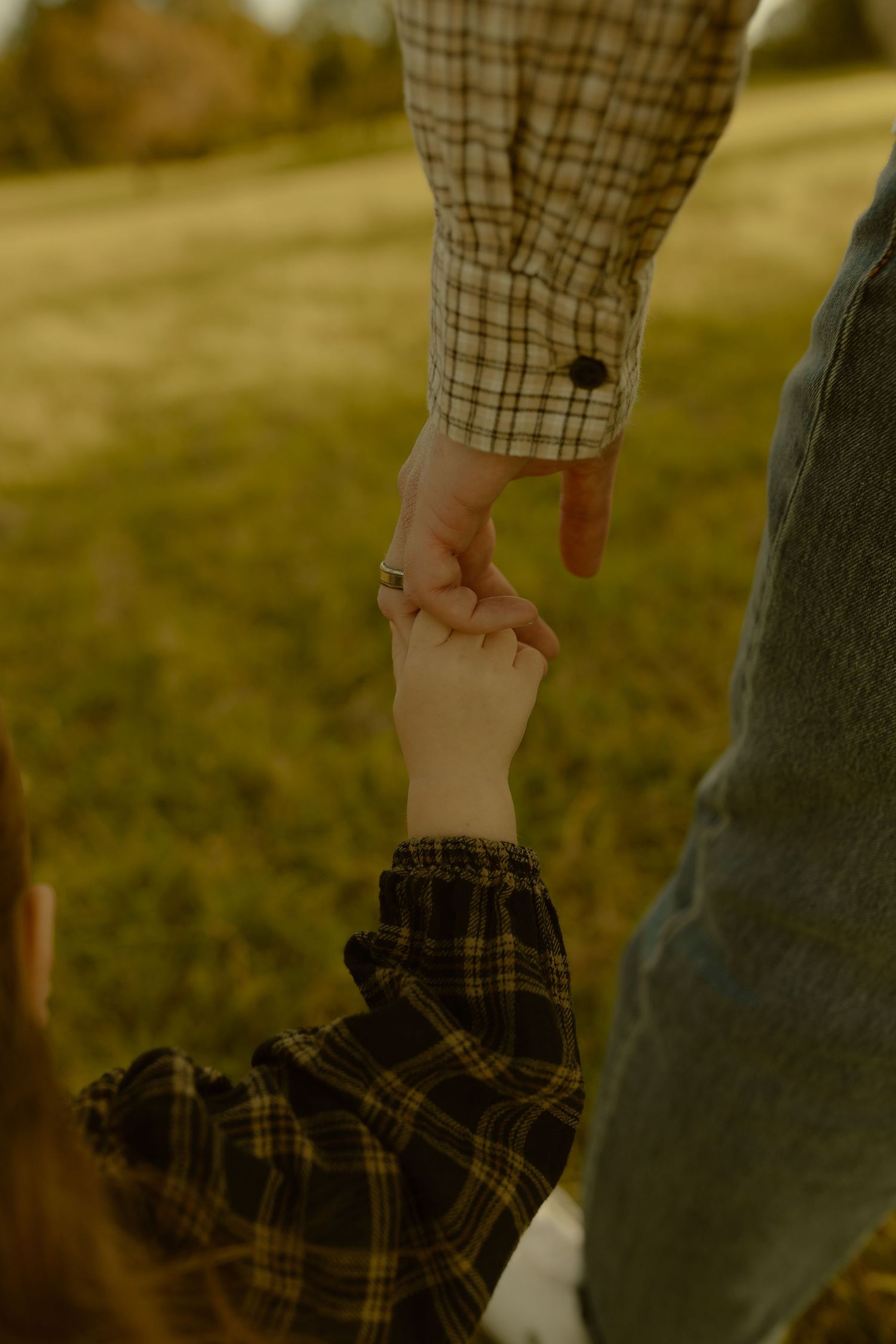 Close-up of two people holding hands in a field, wearing plaid shirts, symbolizing connection and togetherness.