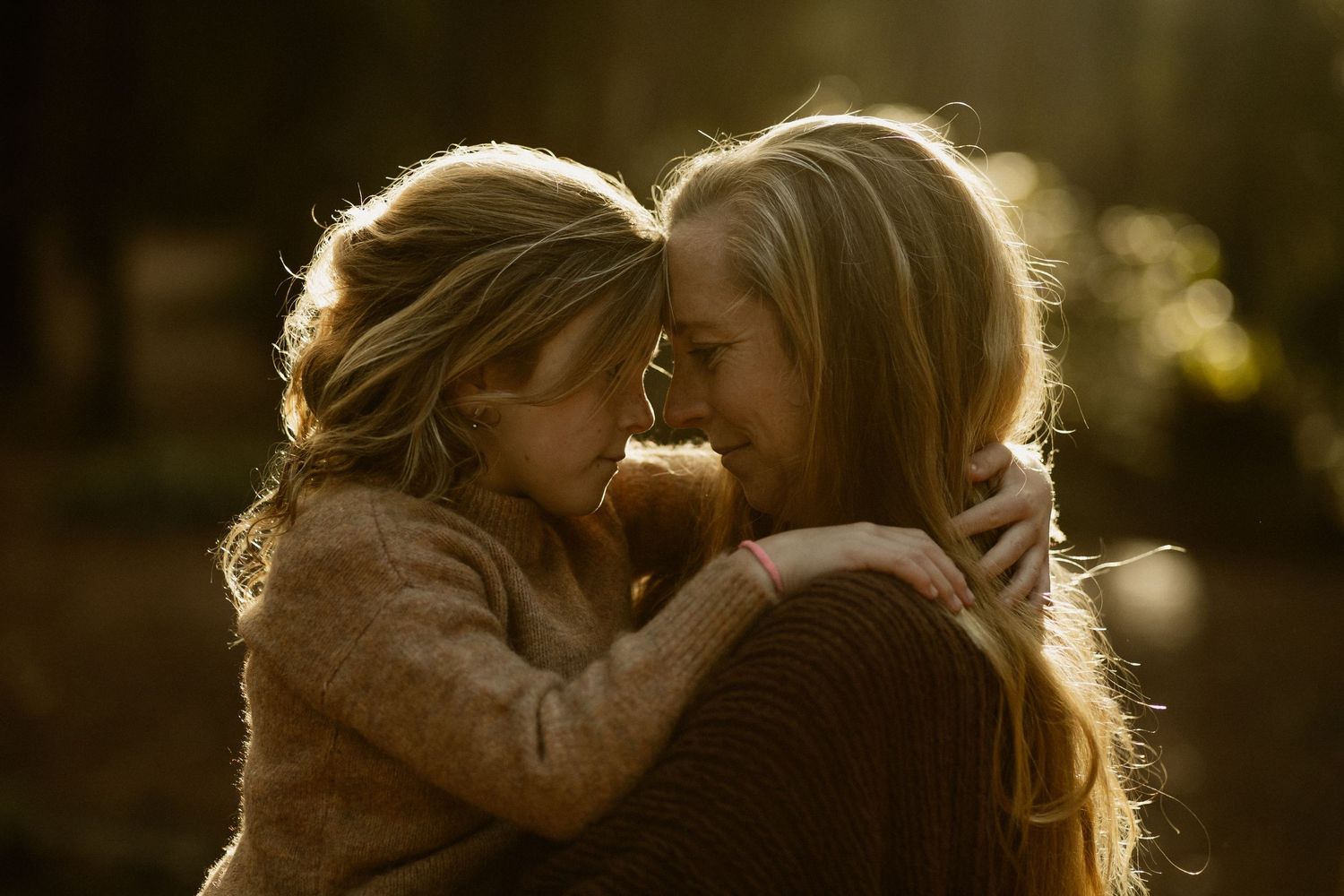 Intimate embrace captured in golden sunlight streaming through forest trees.