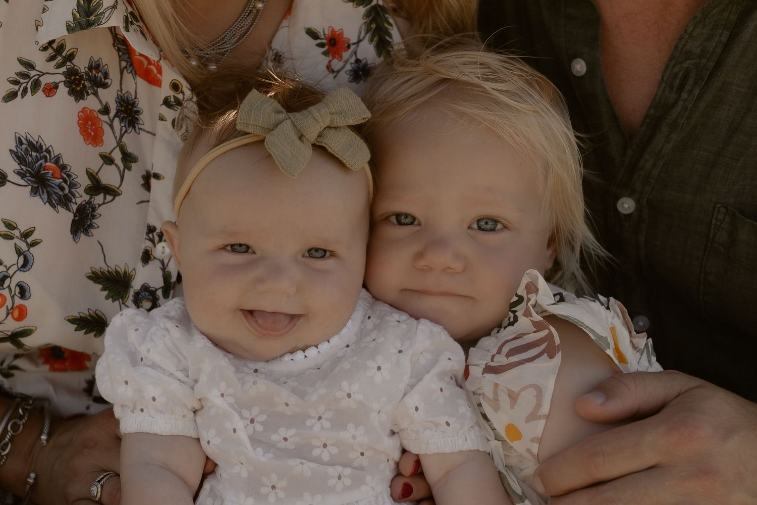 A collection of candid family moments showing children in white outfits and floral headbands.