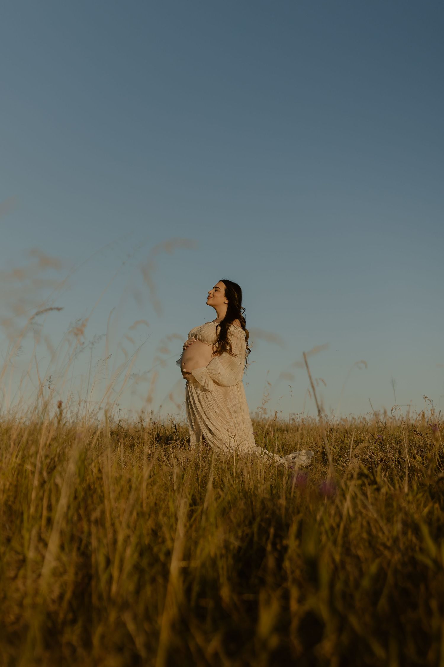 A silhouette of a person stands in a golden wheat field against a blue sky during sunset.