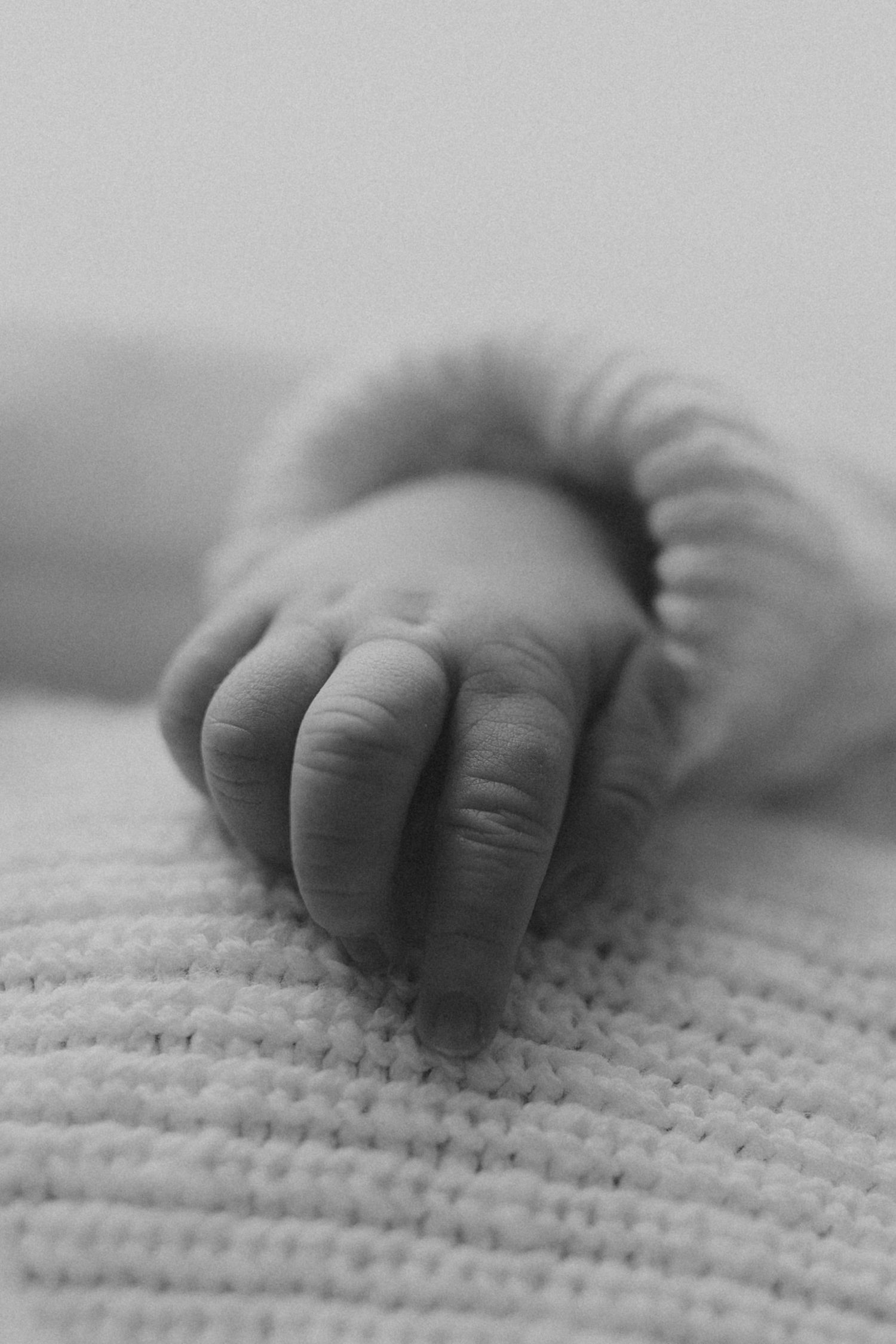 Close-up black and white photo of tiny baby fingers grasping a knitted blanket.