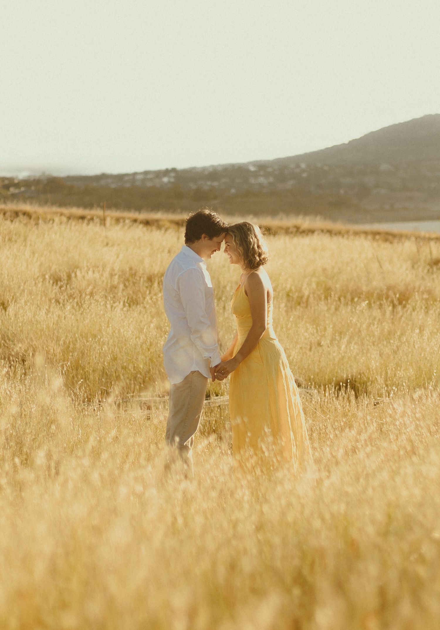 A couple shares an intimate moment at sunset in a golden wheat field with mountains in the background.