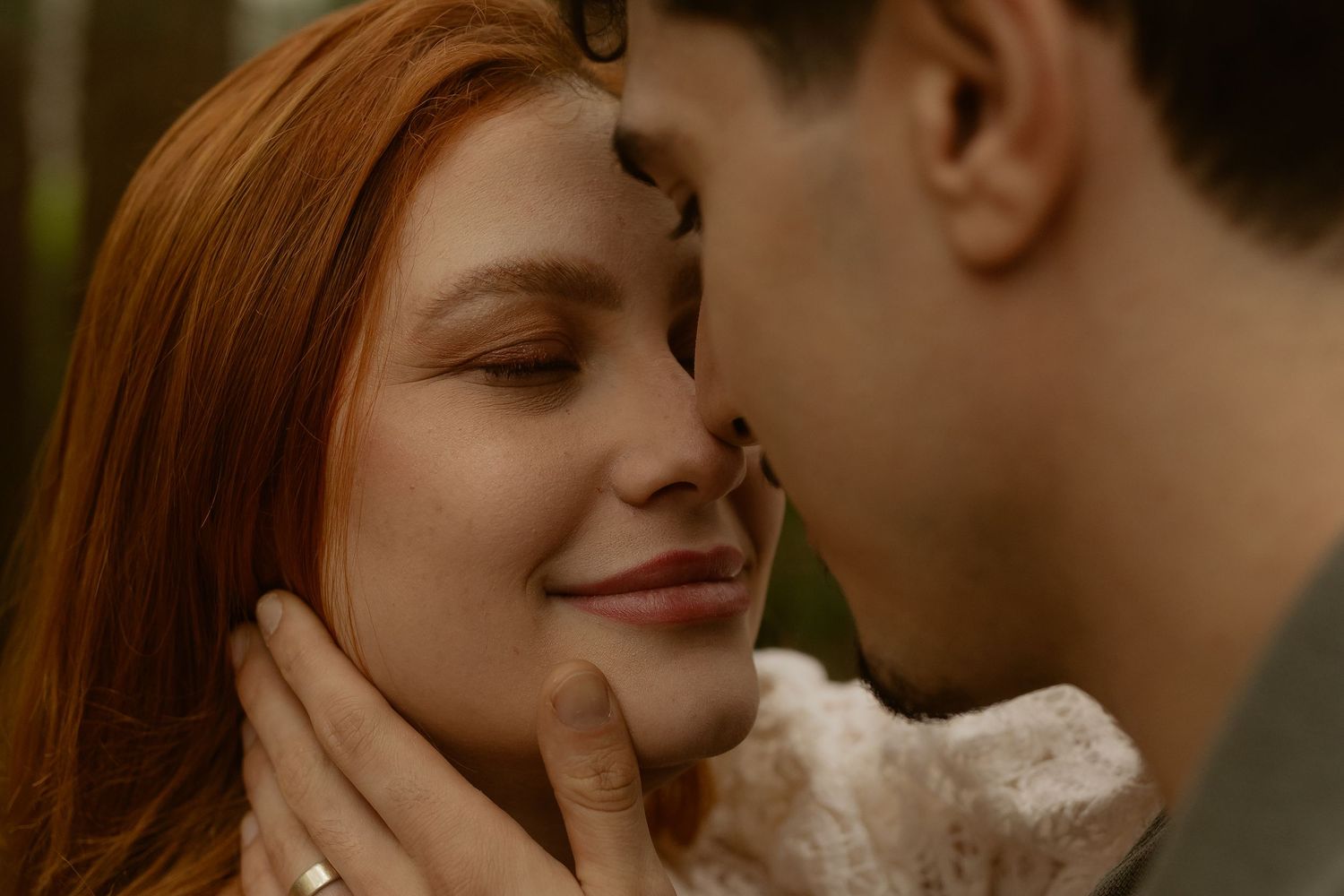 Romantic couple sharing intimate moments in a series of close-up photos showing affection and tenderness.