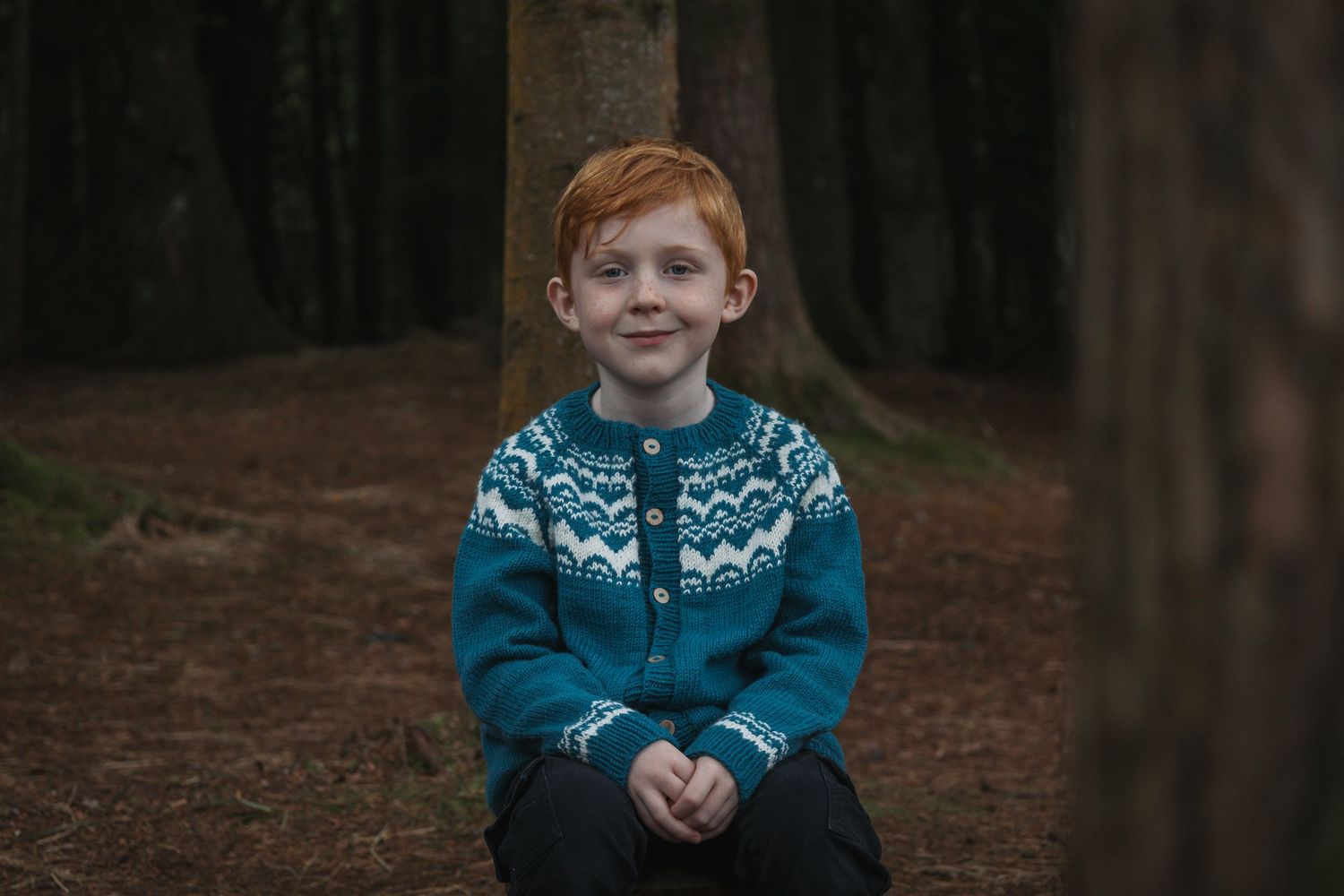 Child wearing blue patterned sweater sits thoughtfully in a woodland setting.