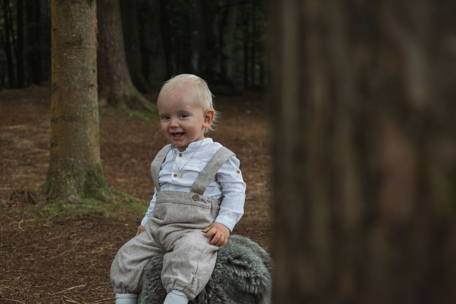 Small child wearing gray overalls sits on a mossy rock in a wooded forest setting.