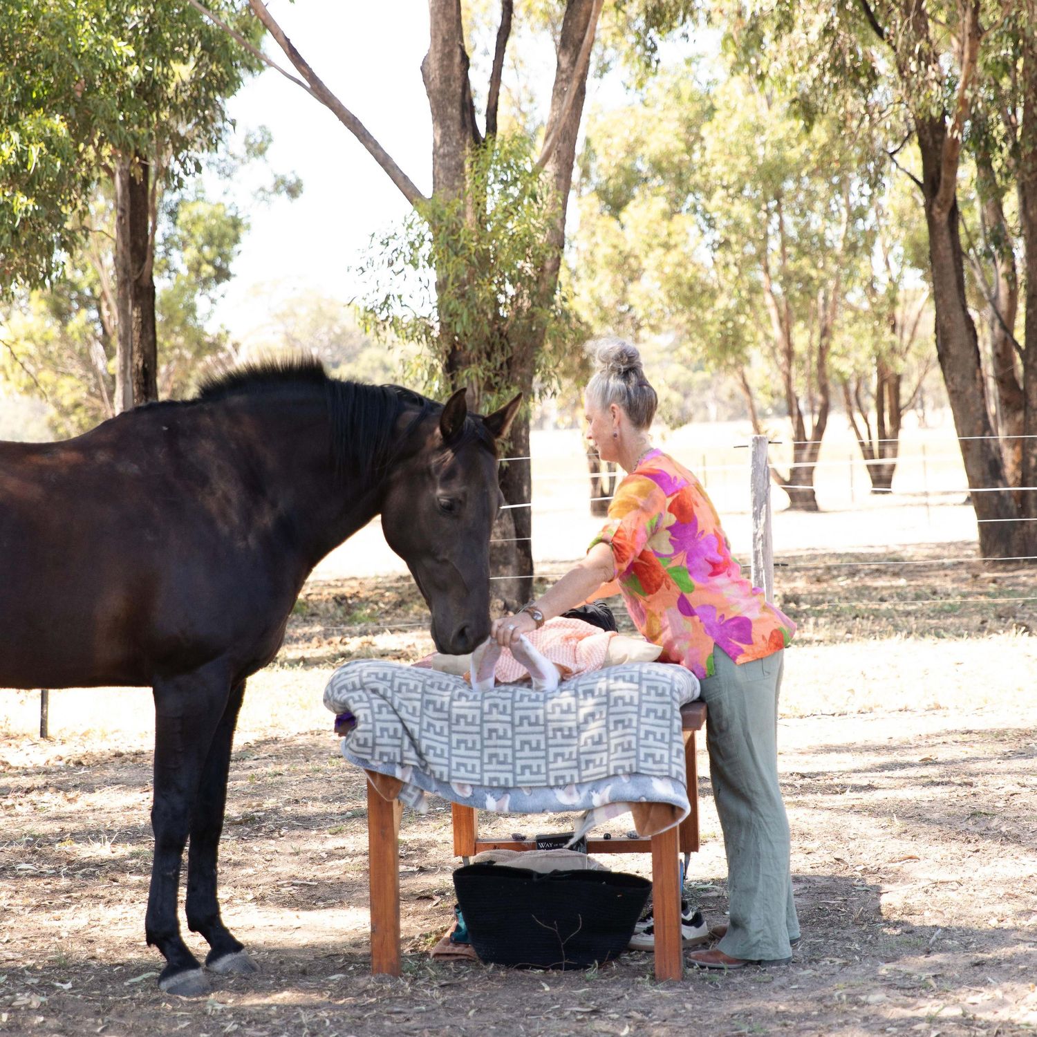 A horse stands next to a massage table in a wooded area while receiving treatment outdoors.