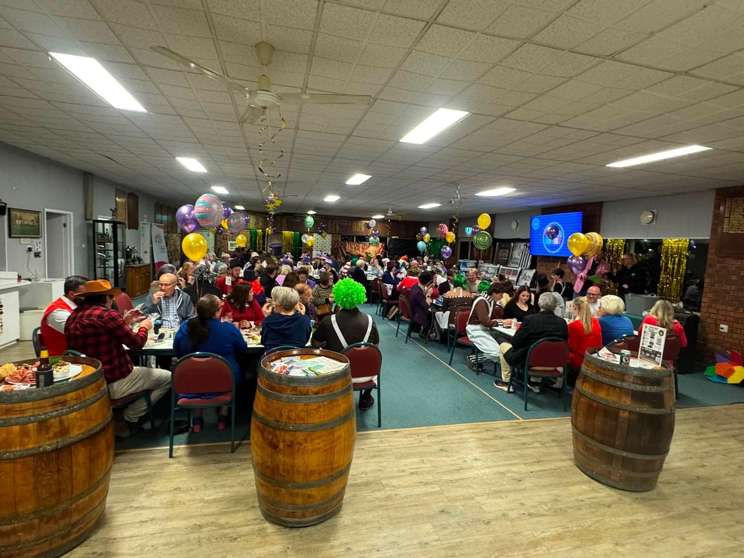 The full room at a Team Jack trivia night at the Drysdale Bowls Club, dressed up for this year's Charlie and the Chocolate Factory theme