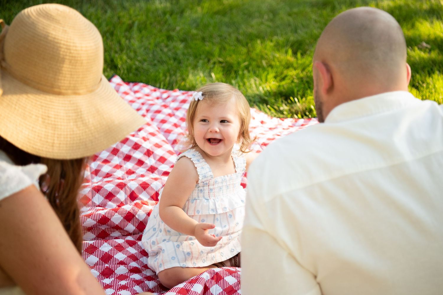 Family having picnic on red checkered blanket in sunny grass field.