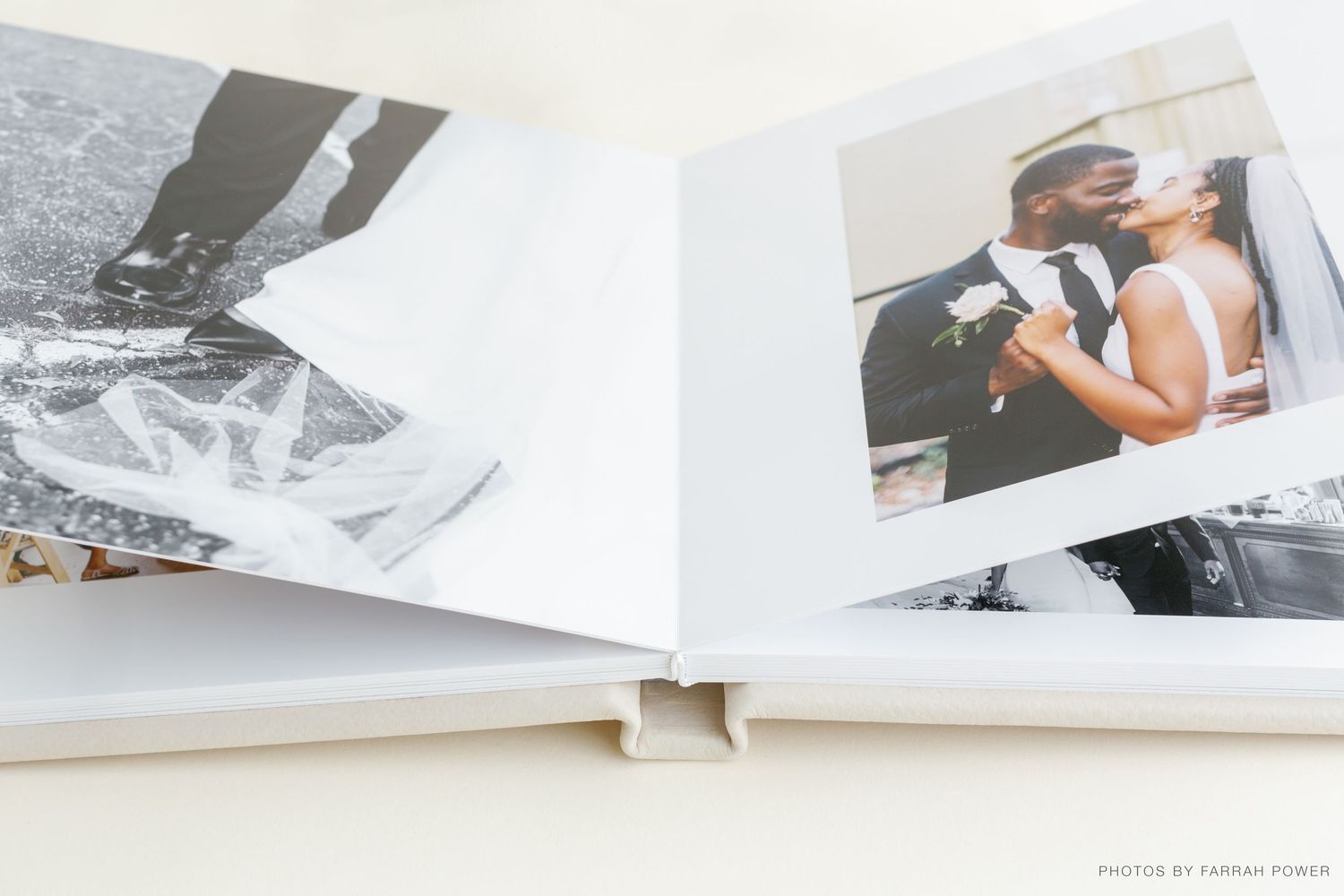 Wedding album spread featuring winter landscape and intimate couple moments.