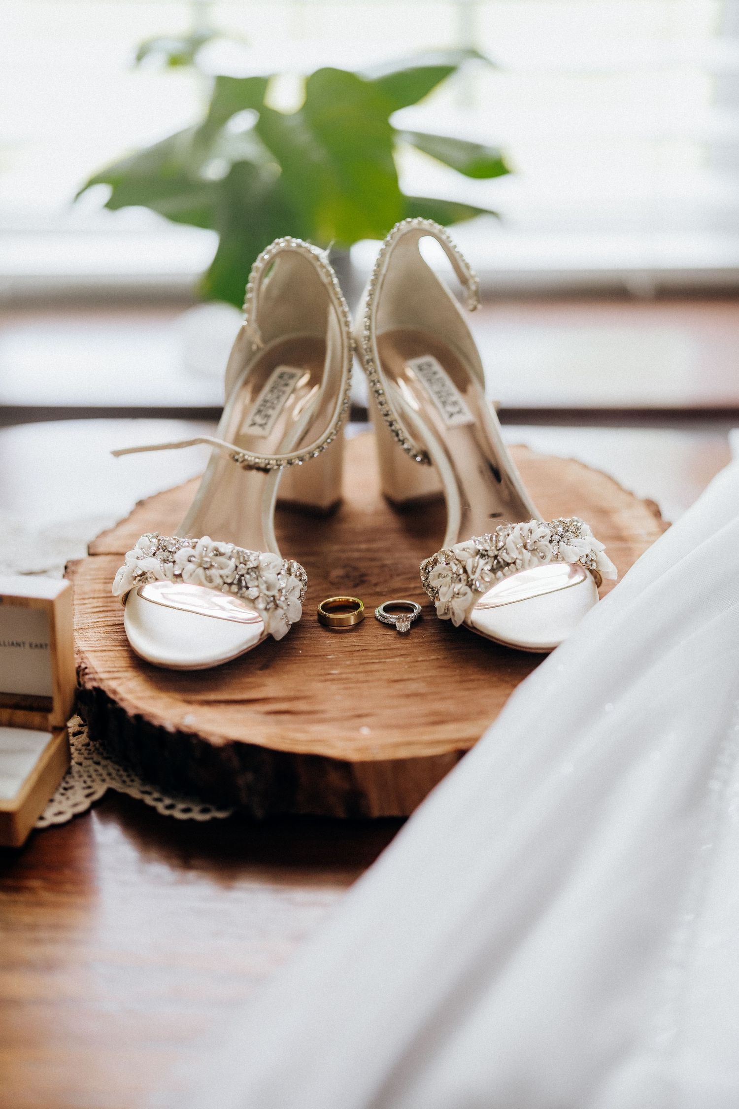 Elegant crystal-embellished bridal shoes displayed on wooden slice with wedding rings.