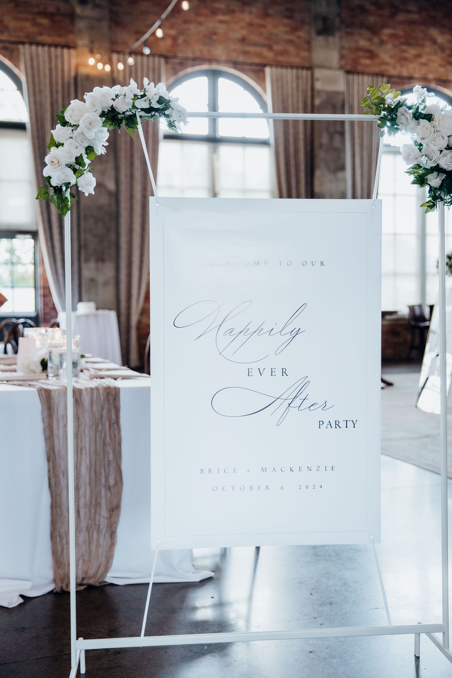 Wedding reception signage with elegant calligraphy and floral decorations.