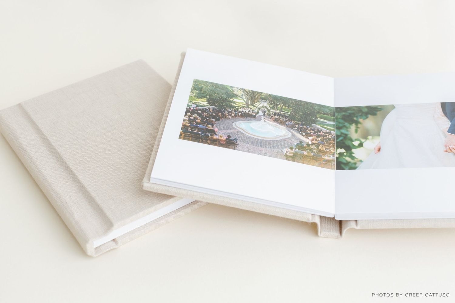 Wedding album displaying aerial view of outdoor venue and garden scenery.