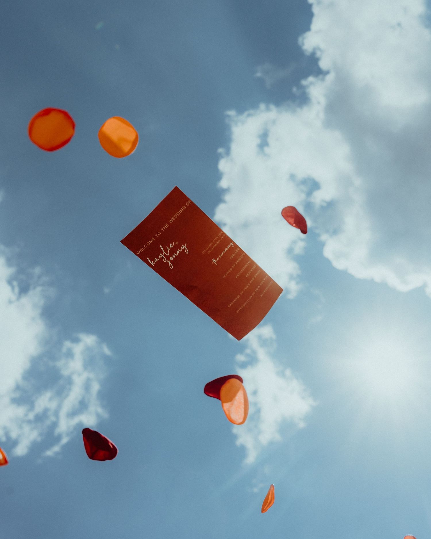 Red rose petals and paper float against a cloudy blue sky during an outdoor celebration.