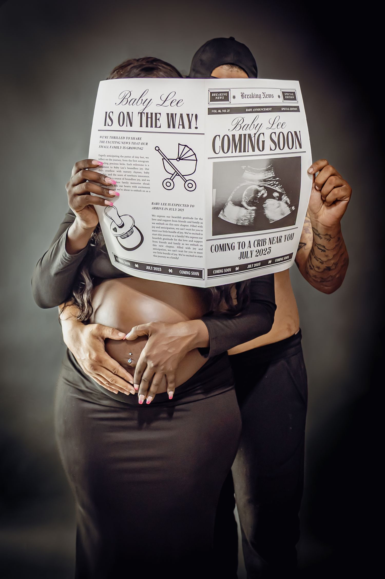 A pregnancy announcement photo showing a couple holding a newspaper with 'Baby is on the way' while cradling a baby bump.