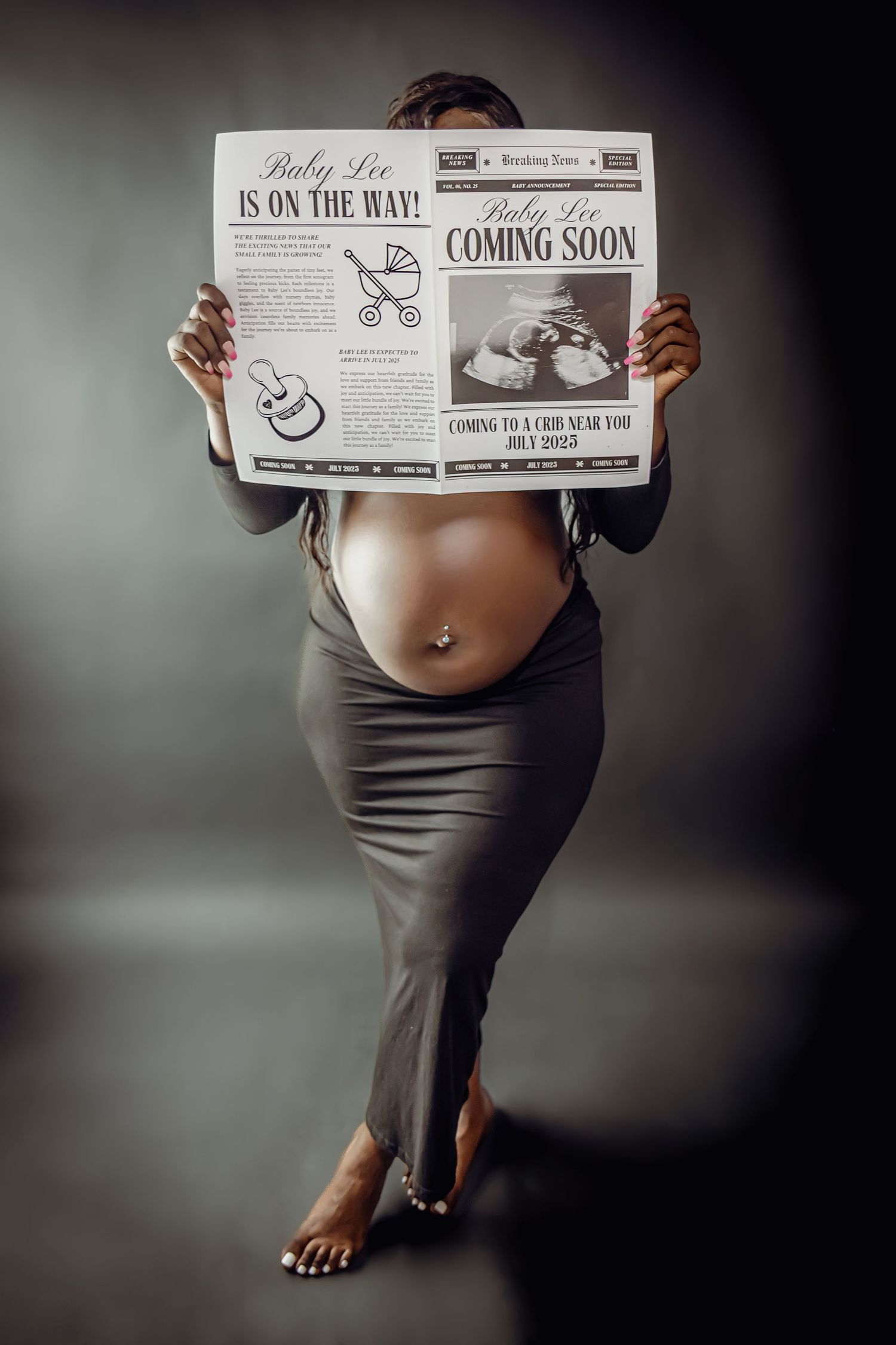 Pregnancy announcement photos showing signs and baby news against dark background.