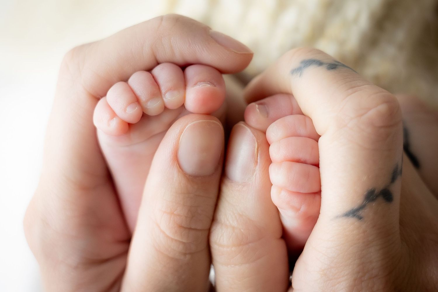 Close-up of tiny baby feet being gently held in adult hands with tattoo.