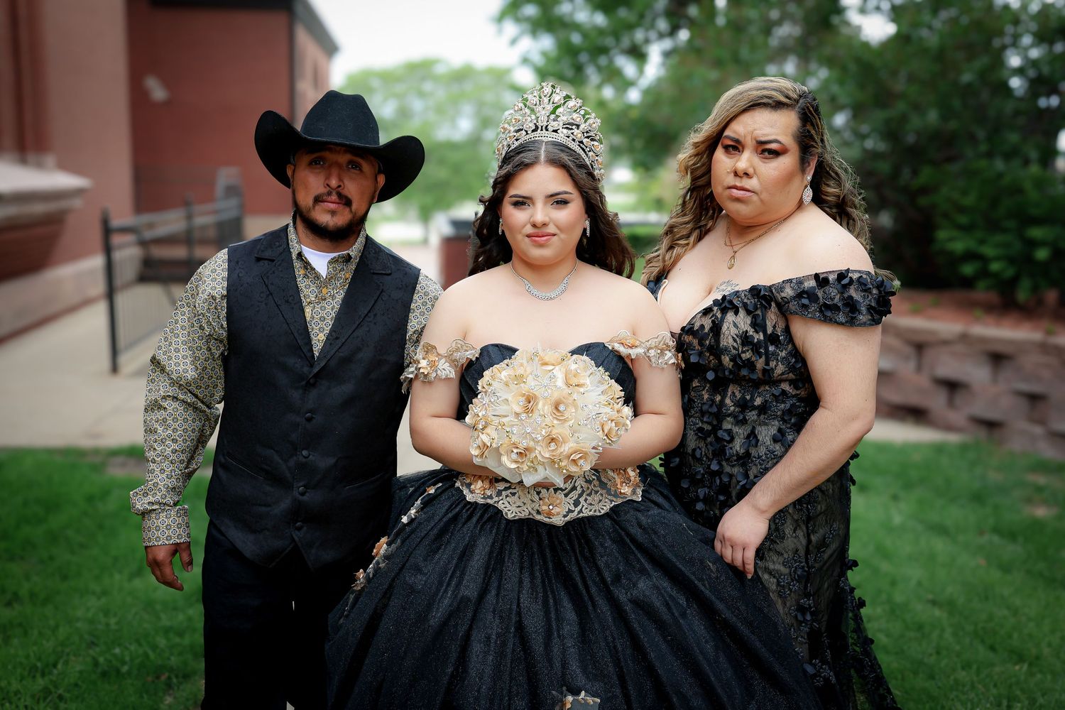 Outdoor formal portraits featuring black dresses and western wear.