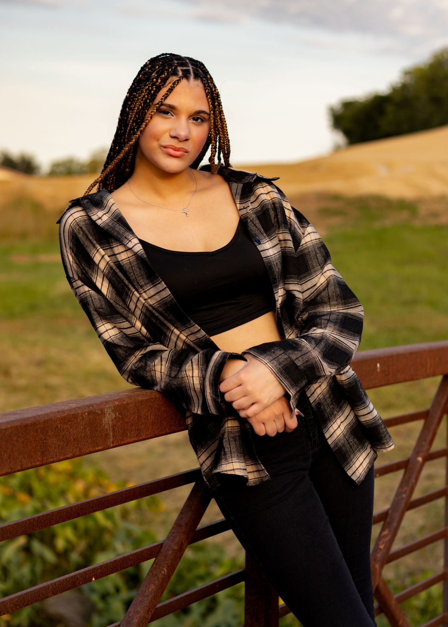 A person in a plaid flannel shirt leans on a rustic metal fence at sunset.
