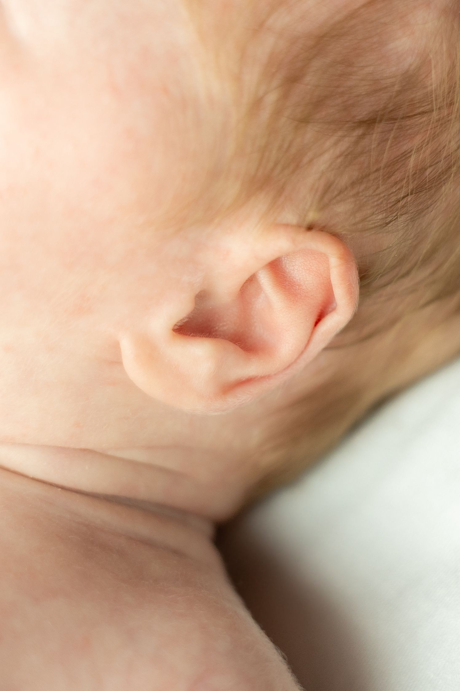 Close-up macro shot of a baby's delicate ear and soft skin.