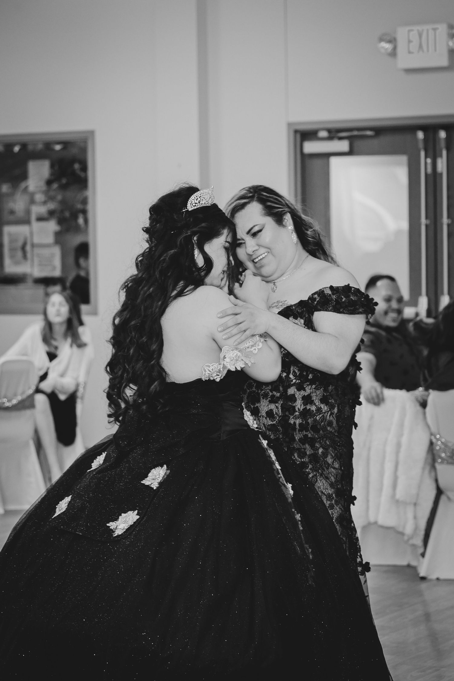 Black and white photos of dancers in formal attire at an indoor event.
