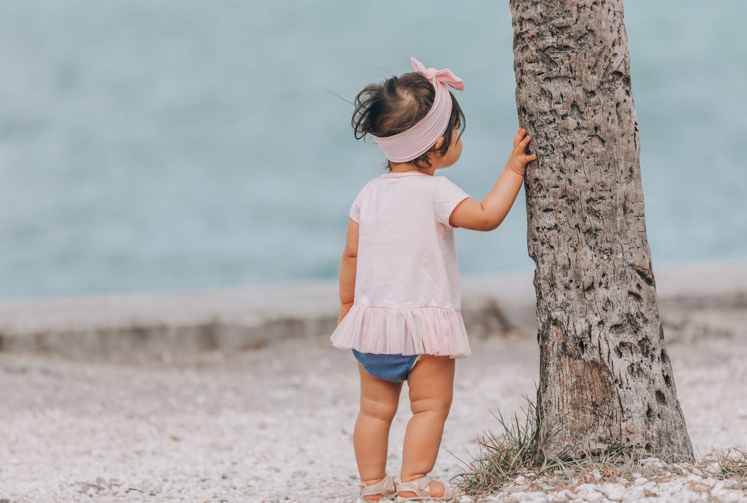 A small child in a pink shirt and blue shorts stands near a palm tree on a sandy beach.
