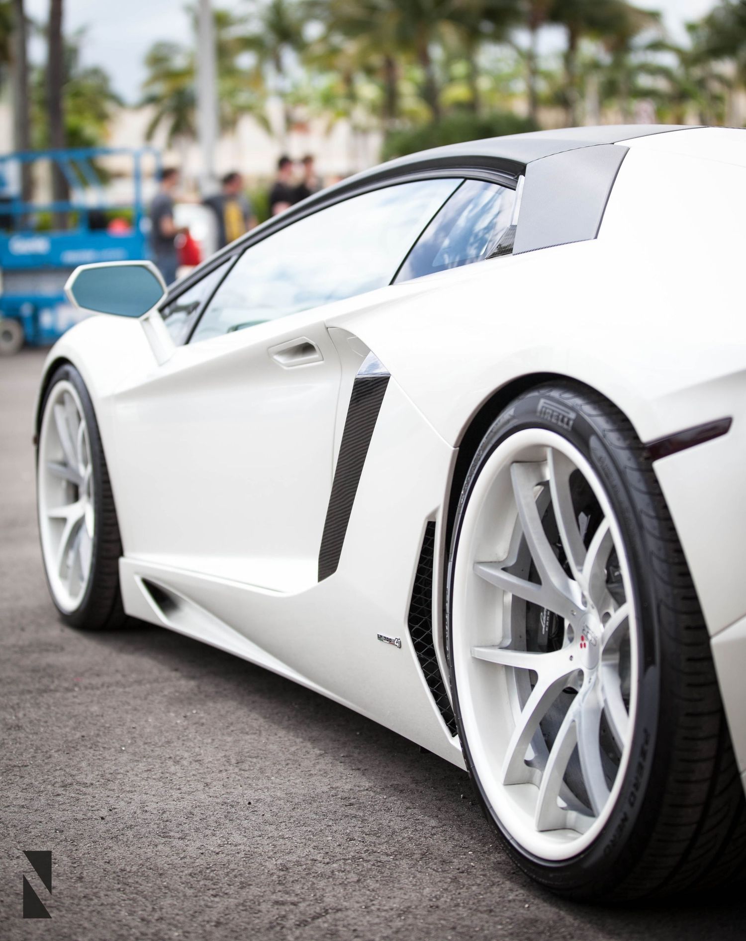 Side view of a sleek white luxury sports car with custom white alloy wheels parked on a street with palm trees in background.
