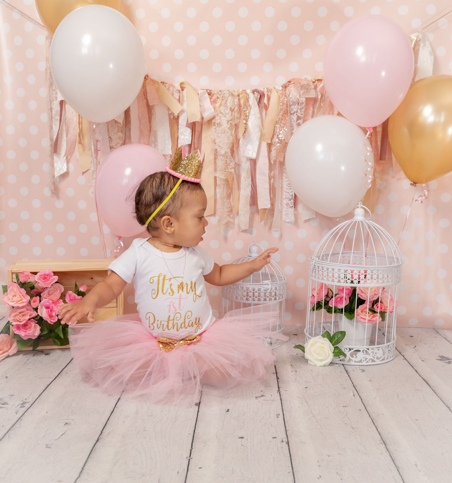 Birthday photo scene with decorative birdcage, pink tutu outfit, and pink and gold balloons against polka dot backdrop.