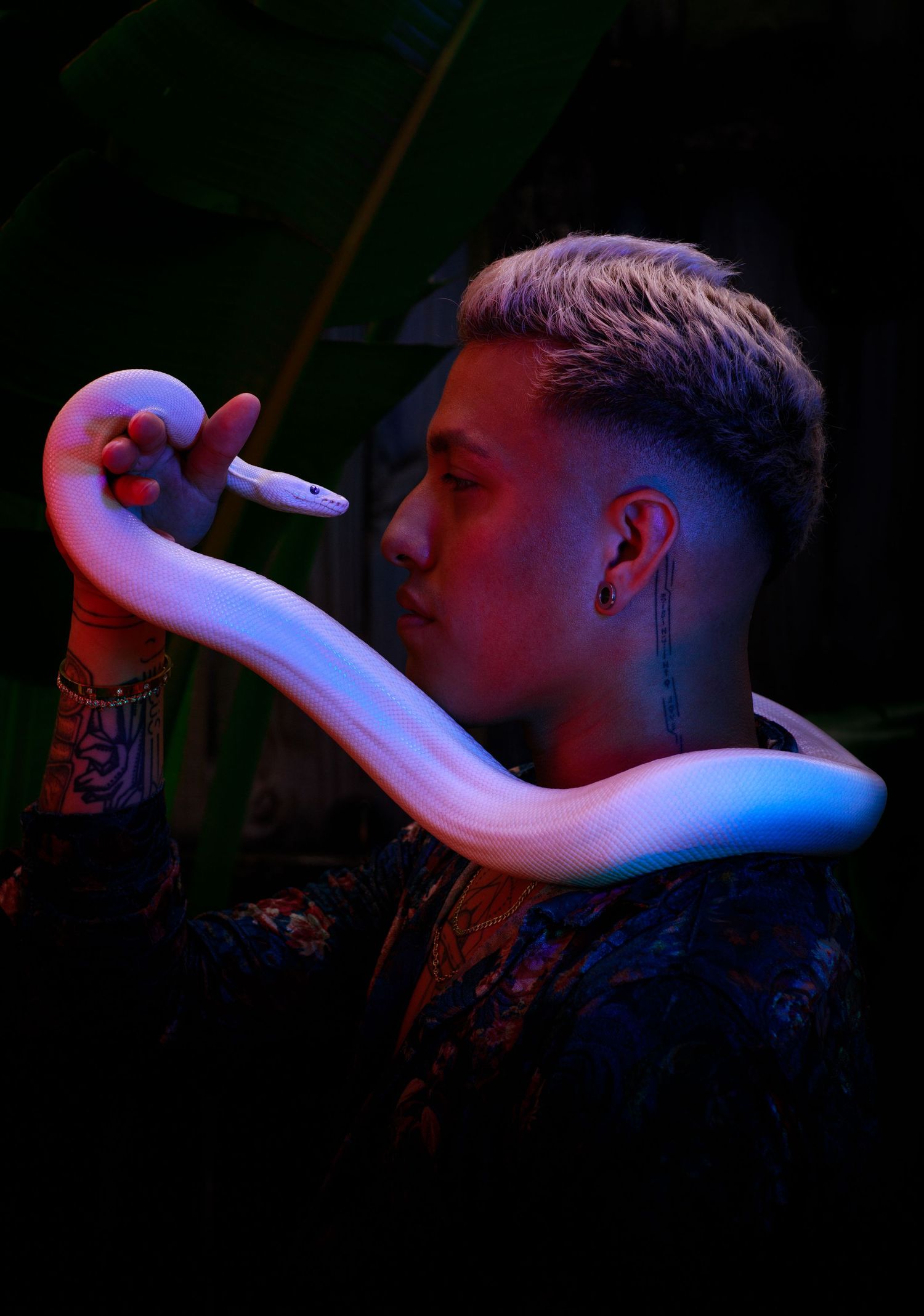 Artistic photo with white snake wrapped around subject in dramatic blue and purple lighting.