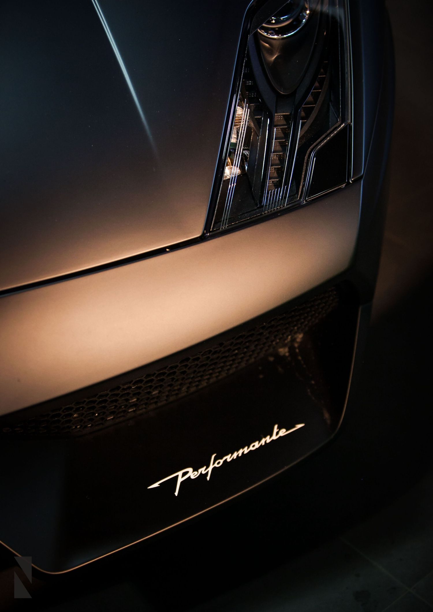 Close-up view of a black luxury car exterior showing the 'Performance' badge detail and smooth curves.
