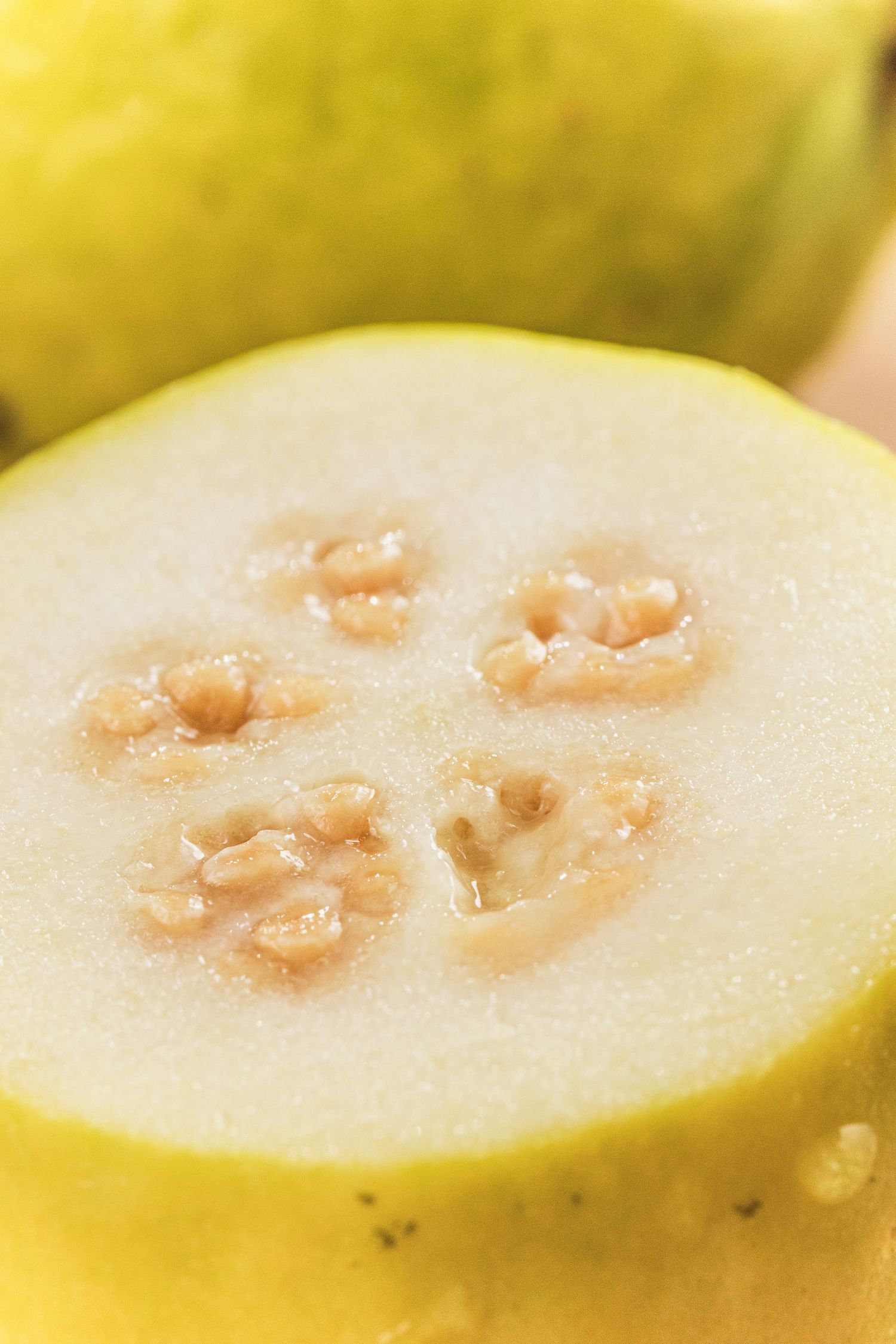 Close-up macro shot of a fresh yellow melon cut in half showing juicy flesh and pale seeds inside.