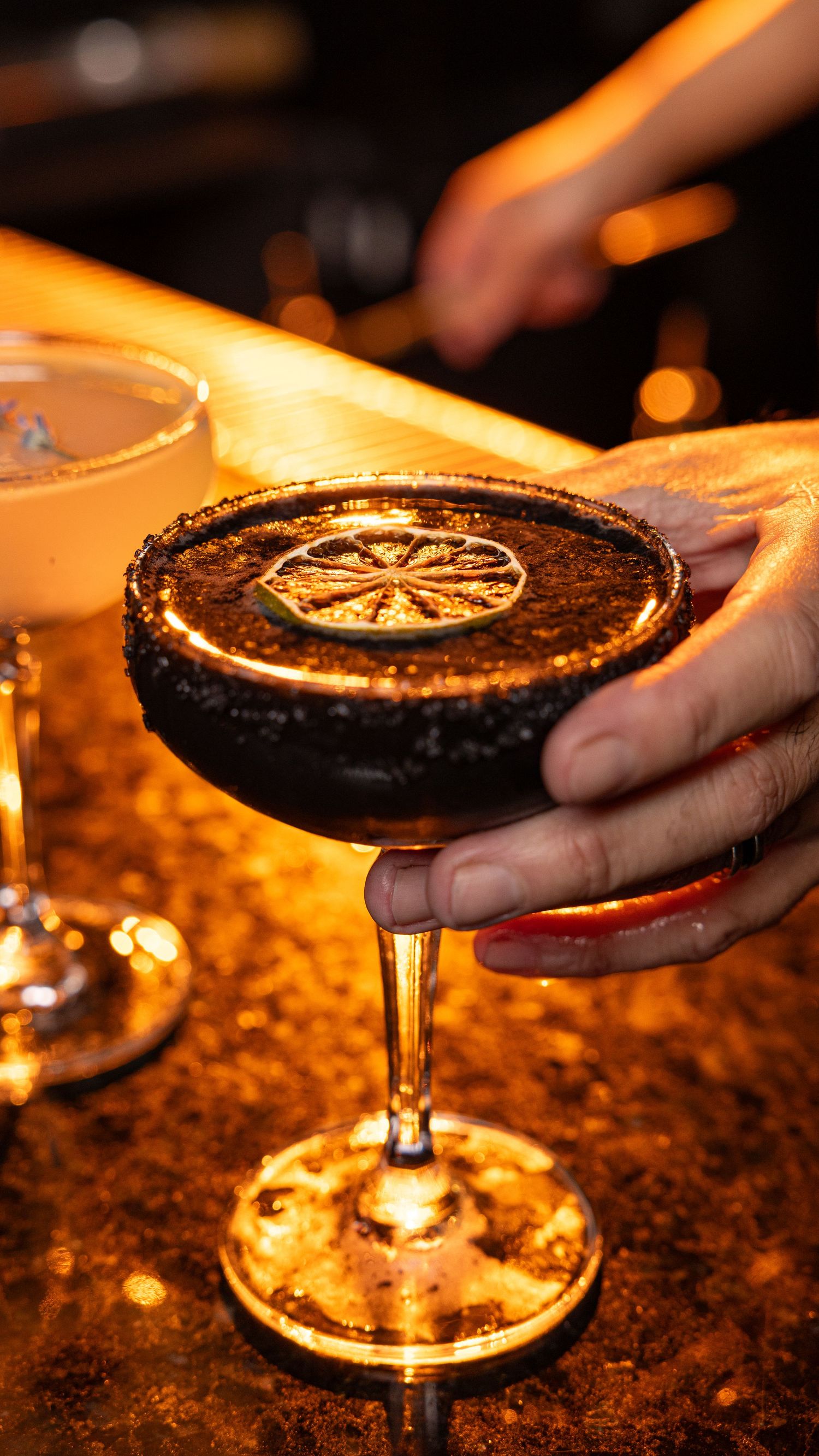 Elegant dark cocktail garnished with a citrus wheel served in a coupe glass on a dimly lit textured bar surface.