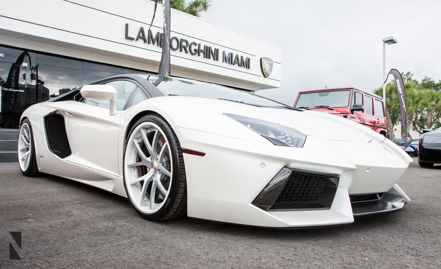 White Lamborghini Aventador with custom wheels parked in front of a luxury car dealership.
