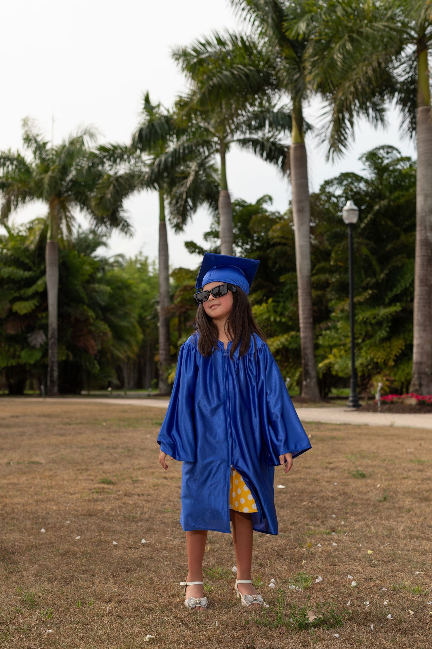 Graduate in bright blue cap and gown stands between palm trees during outdoor graduation ceremony.
