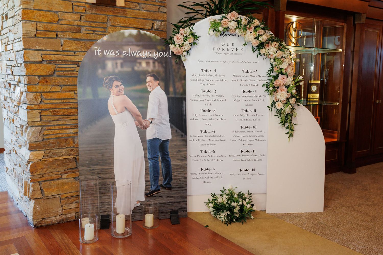 A wedding seating chart display with an elegant floral arch and menu board at a rustic venue.