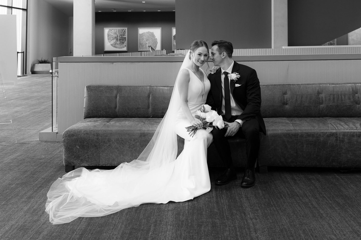 A romantic wedding couple shares intimate moments in a series of black and white photographs.