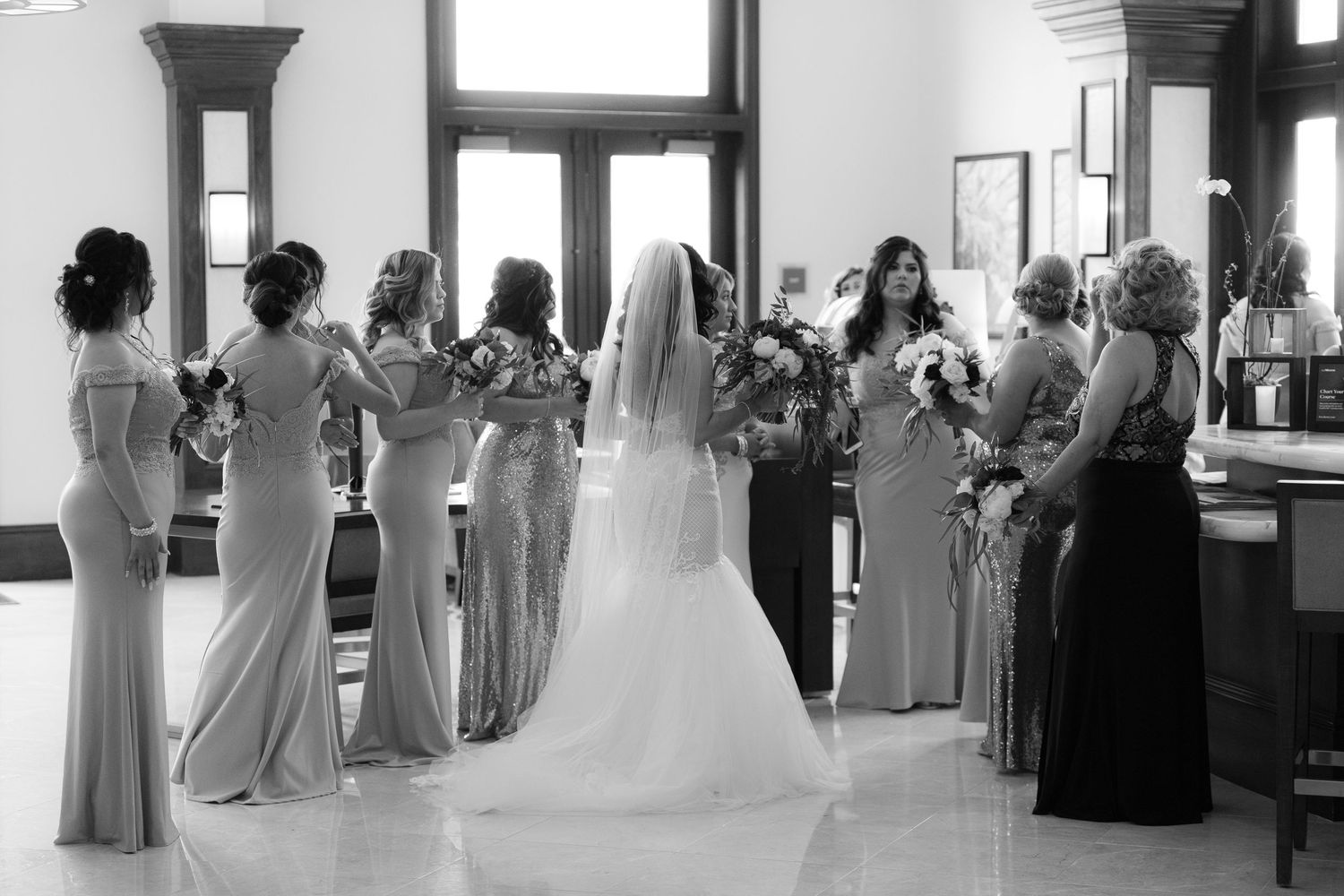A collage of wedding photos showing bridesmaids in lavender dresses and a bride in white during various moments of celebration.