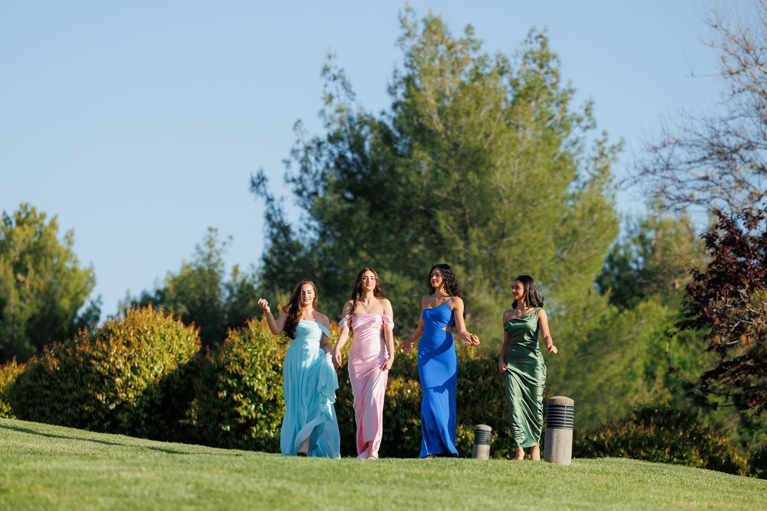 People walking together in a line on a grassy hill against a blue sky and green trees in the background.