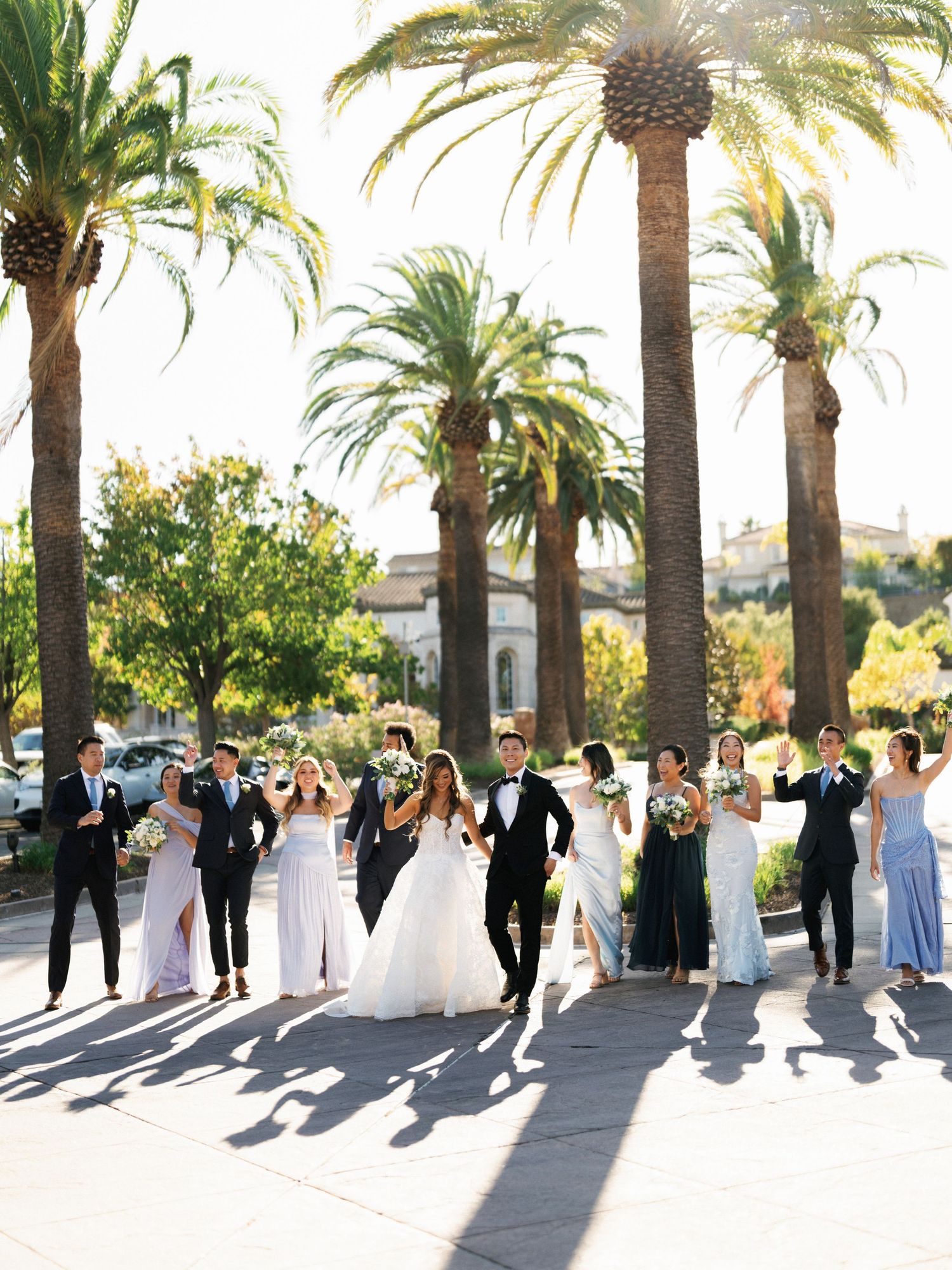 Wedding party poses under palm trees in a line, creating shadows on a sunny outdoor walkway.