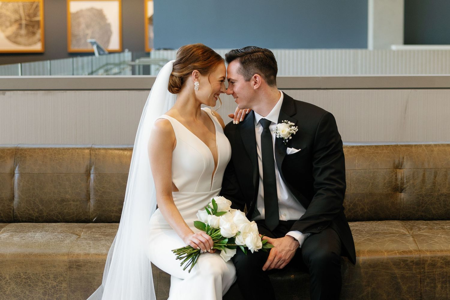 A romantic wedding couple shares tender moments in a series of four connected photos.