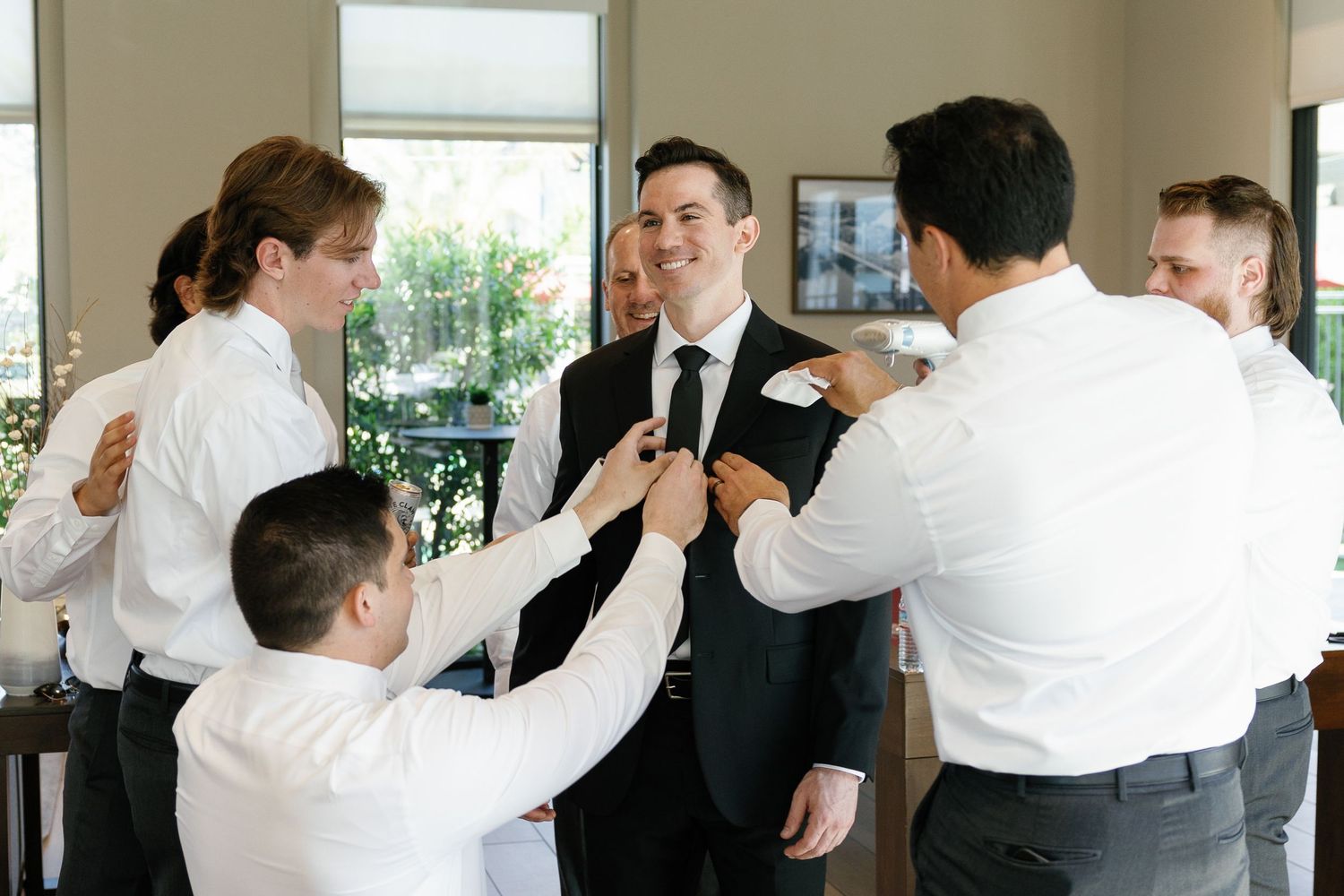 A series of dance lesson photos showing partners practicing formal dance steps in a bright studio space.