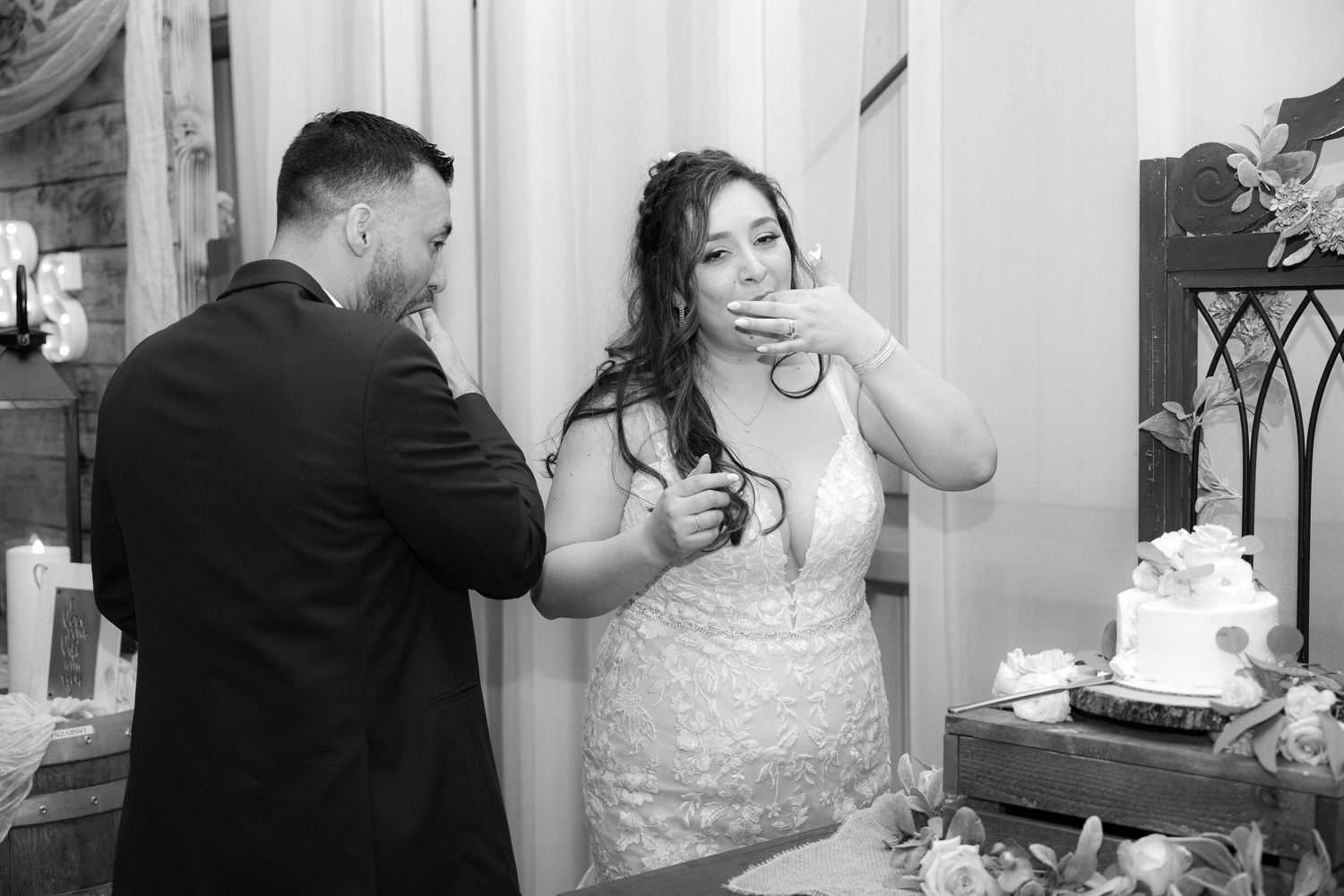 A series of black and white wedding preparation photos showing getting ready moments in a bridal suite.