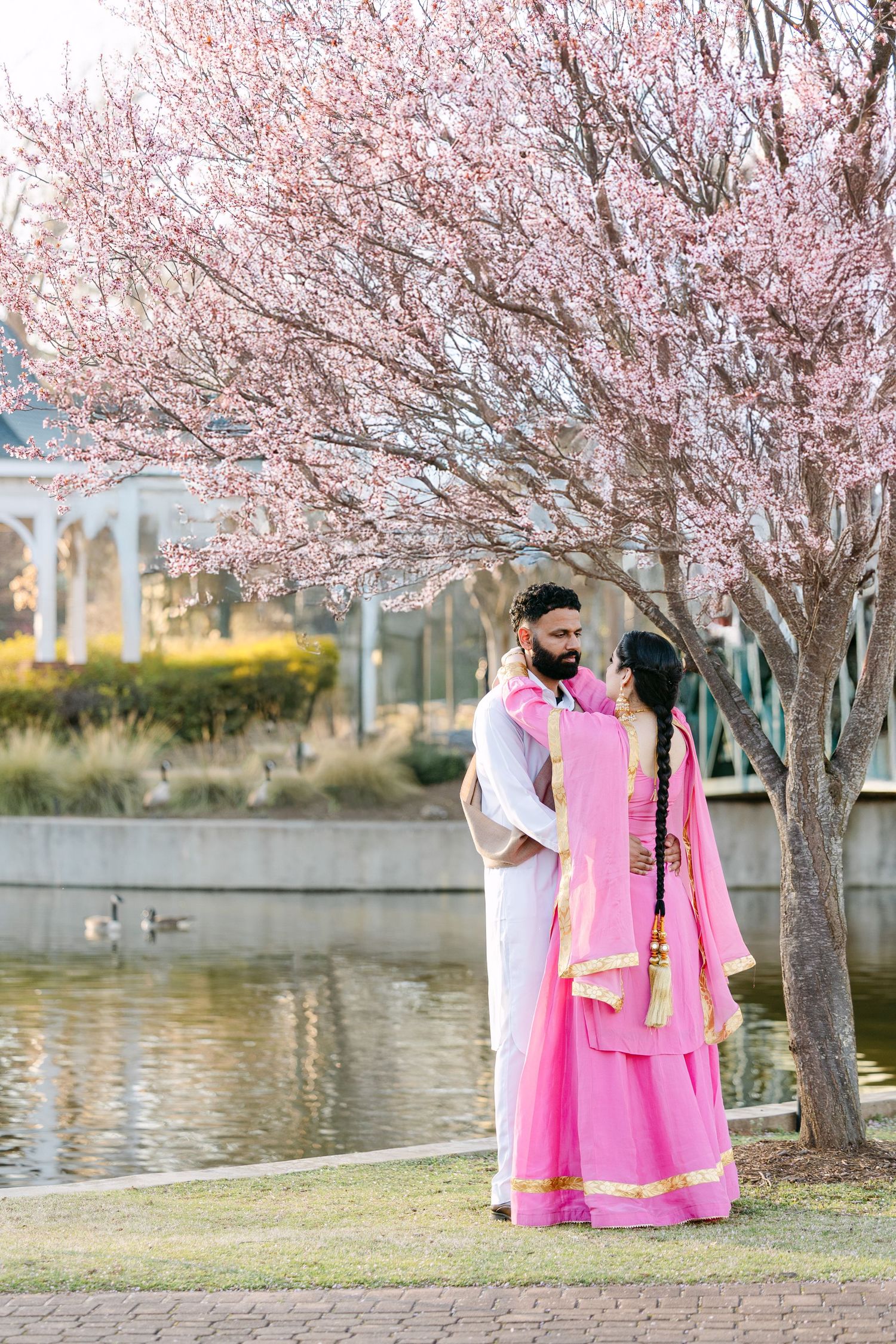 A couple in traditional Indian attire poses beneath blooming cherry blossom trees beside a serene lake.