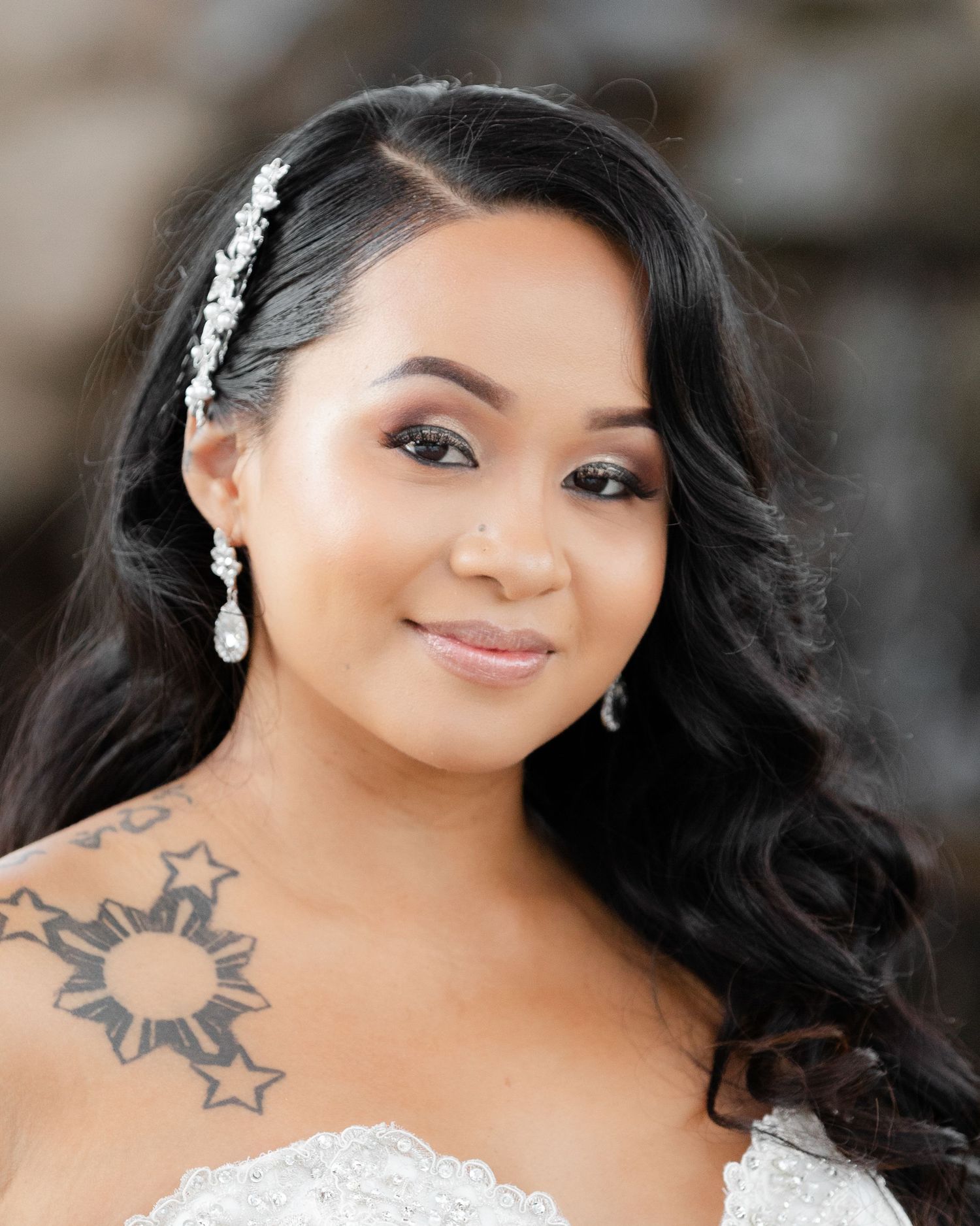 A series of five close-up portrait photos showing a woman in a white dress with dark hair and tattoos.