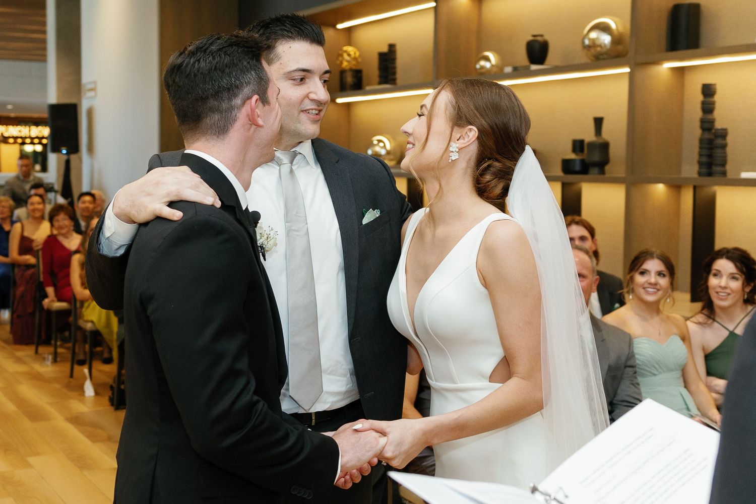 A series of wedding photos showing joyful moments between a couple during their celebration.